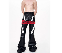 Mens Autumn Winter Color-Block Flared Leather Pants With Ribbon Design