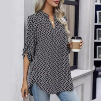 Women's Loose Long Sleeve Printed V-neck Shirt