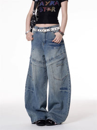 American Retro Hot Girl Style Multi-pocket Deconstructive Design Jeans