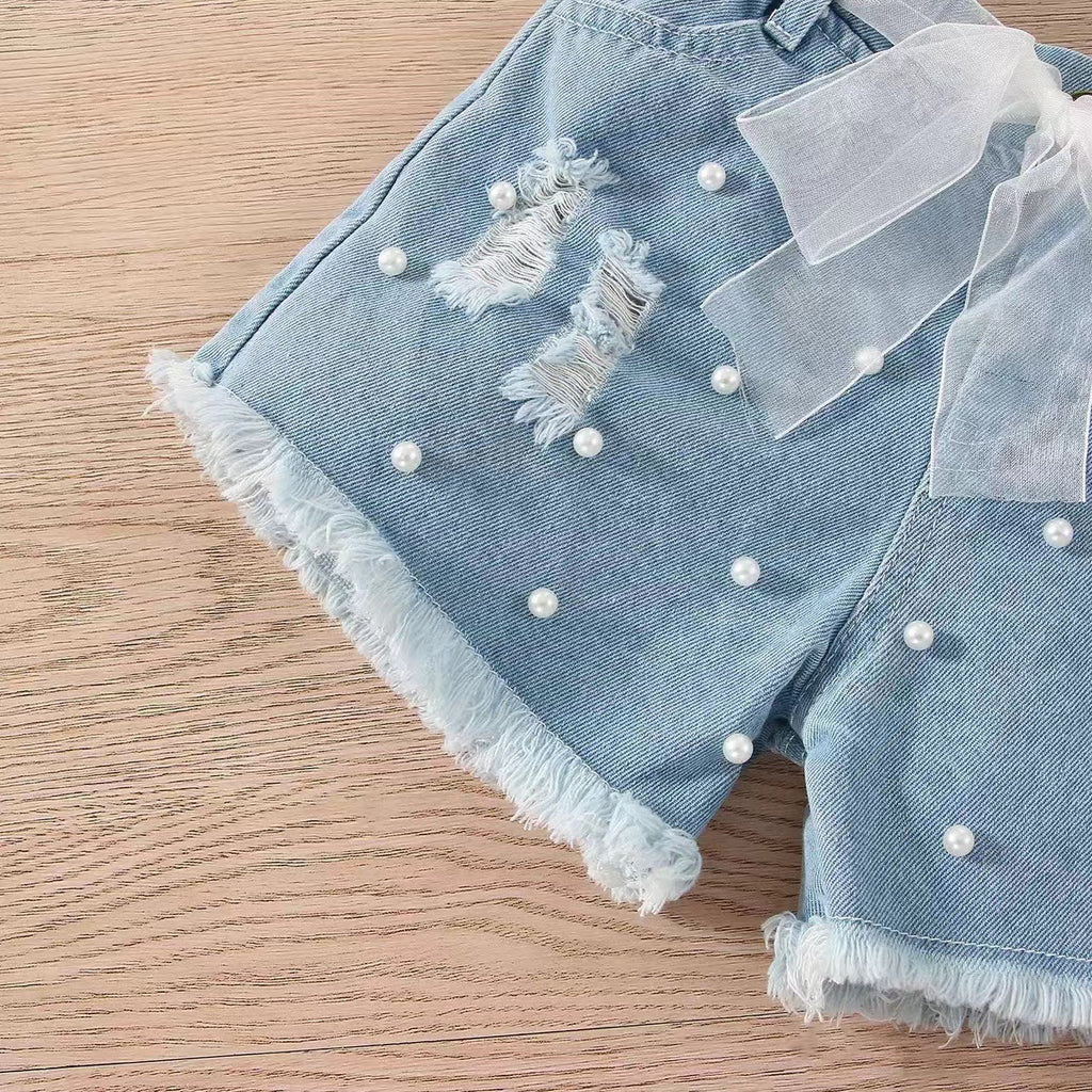 Sleeveless Pit Strip Childrens Suit Denim Shorts Twopiece Set