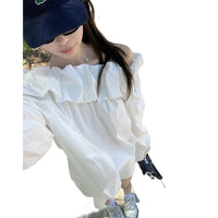 Womens SpringAutumn Long-Sleeve Shirt With A White Bud-Shape Collar And A Boat Neckline
