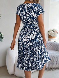 Women's Elegant Floral Print Short Sleeve Flowy Pleated Dress