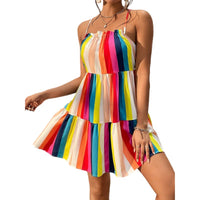 Rainbow Striped Lace Up Slip Dress