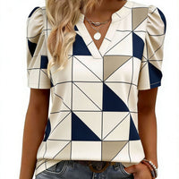 New Printed V-neck Puffed Short-sleeve Casual Fashion Top