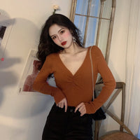 Pleated V-neck Knitted Bottoming Shirt Long Sleeve Sweater