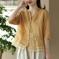 Retro Cotton-Linen Shirt Womens Artistic Cardigan Embroidered Blouse