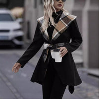 Lace-up Plaid Color Matching Wool Mid-length Trench Coat For Women