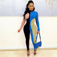 Sexy Threaded Color Block Long Sleeve Slim Jumpsuit