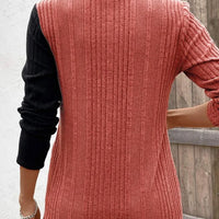 Solid Color Round Neck Sunken Stripe Brushed Slit Contrast Color Fashion Buttons