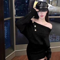 Pure Desire Style Oblique Shoulder Long Sleeve Knitted Dress For Women