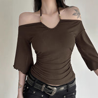 American-style Vintage Off-shoulder Figure-hugging Beaded Halter Womens Blouse