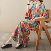 V-neck Loose-fit Bohemian-style Beach Dress With A Retro Vacation Vibe