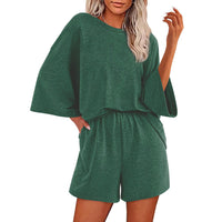 Solid-color Crewneck Short-sleeve Top And Elastic-waist Shorts Two-piece Set