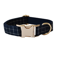 Navy Blue Plaid Gold Button Dog Collar Alloy Buckle
