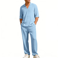 Mens Lapel Short-Sleeve Shirt And Pants Suit