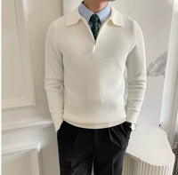 Turn-down Collar Knitted Polo Sweater With Thermal Ribbed Design