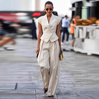 Beige Elegant Sleeveless Waist-Cinching Suit Set