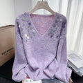 Heavy Embroidery Sequins Diamond V Neck Pullover Lazy Sweater