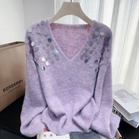 Heavy Embroidery Sequins Diamond V Neck Pullover Lazy Sweater
