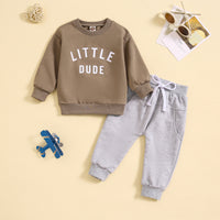 Children's Round Neck Letter Print Top Solid Color Trousers Two-piece Set