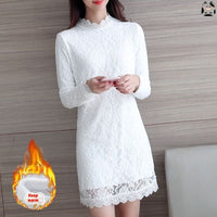 Plus-size Outerwear Long-sleeve Fleece-lined Warm Lace Dress