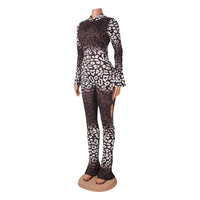 Sexy Leopard Print Long Sleeve Hollow Jumpsuit