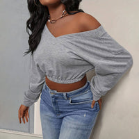 Autumn And Winter Women's New European And American Sexy V-neck Top T-shirt Casual Sports Fashion Cropped Sweatshirt