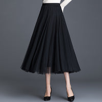 Womens Mid-Waist Pleated Flowy Mesh Lace Skirt