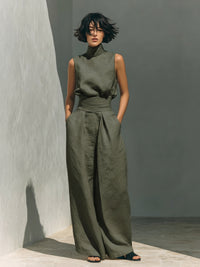 Womens Simple Cotton-Linen Blend Sleeveless Top And Wide-Leg Pants