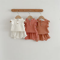 Summer Girls' Suit Rib Overall Dress Set Cotton Infant Flounced Sleeve Baby Girls' T-shirt Shorts Two-piece Suit