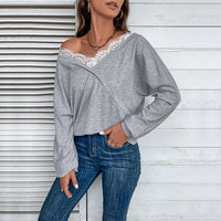 Bestselling V-neck Sweatshirt Lace-panel Top Fashionable Pullover T-shirt