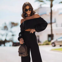 Short-sleeve Off-shoulder Top And Straight-leg Trousers Set