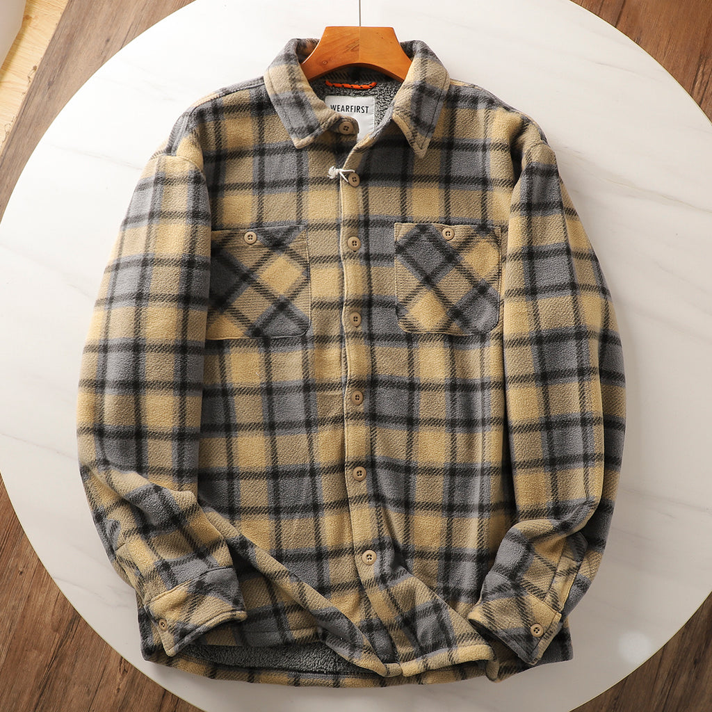 Autumn And Winter Fleece-lined Warm Composite Lambswool Plaid Shirt Cotton-padded Coat