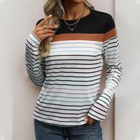 Color-block Striped Long-sleeve T-shirt Casual Top For Women