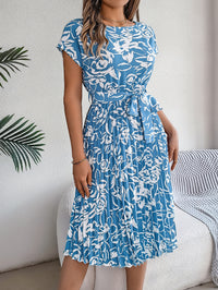 Women's Elegant Floral Print Short Sleeve Flowy Pleated Dress