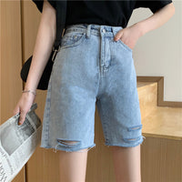 High-waisted slim-hole ruffled five point jeans