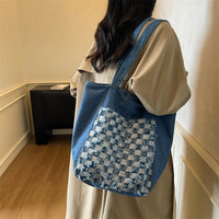 Versatile Casual Washed Denim Tote Bag With A Plaid Pattern And A Large Capacity