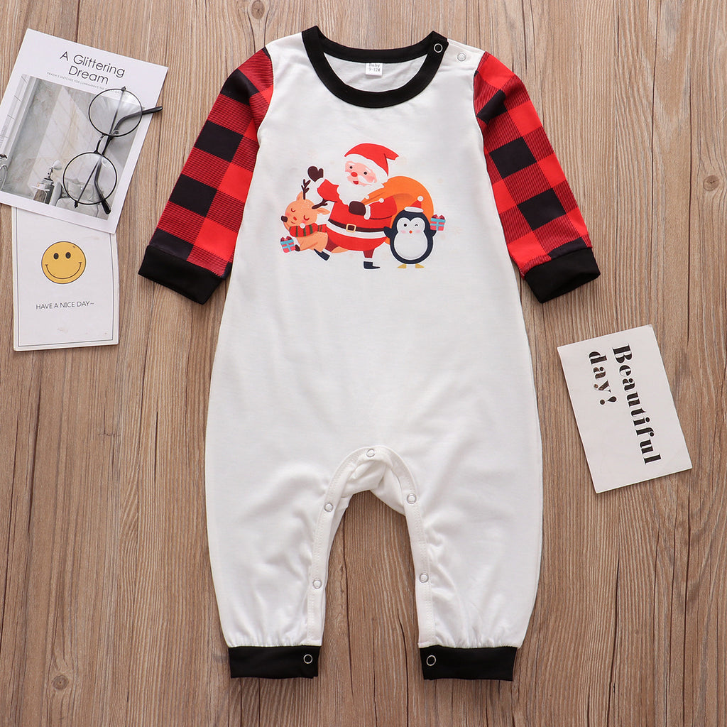 European And American Parent-child Suit Cartoon Santa Claus Printed Plaid Pants Homewear