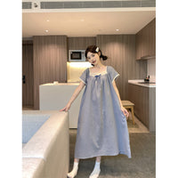 Haze-Blue Summer Short-Sleeve Long Dress Pajamas Loungewear