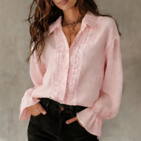 Single-breasted Lace-Panel Long-Sleeve Solid-Color Versatile Shirt