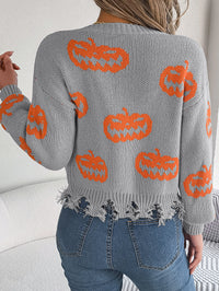Women Color Block Pumpkin Distressed Long Sleeve Pullover Sweater