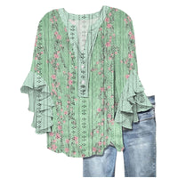 Printed Casual Trend V-neck Flounce Sleeve T-shirt