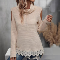 Lace Off-the-shoulder Long Sleeve Pile Collar Solid Color Top