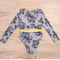 Printed long sleeve high waist split bikini