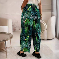 Elastic-waist Casual Wide-leg Pants With A Leaf Print Green
