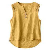 Solid-color V-neck Hollow-out Button Cotton-linen Short-sleeve Top Shirt