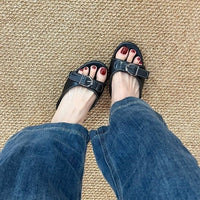 Vintage And Stylish Niche Belt-buckle Slide Sandals For Women, Summer Versatile Chunky Heel Simple Elegant Slippers