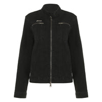 Washed-out Vintage Denim Jacket Simple Casual Zipper Pocket All-matching Long Sleeve Coat