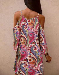 Printed V-neck Flared-sleeve Off-shoulder Sexy Camisole Dress For Women