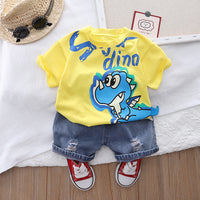 Dinosaur Round Neck Short Sleeve Cotton T-shirt Denim Shorts Suit